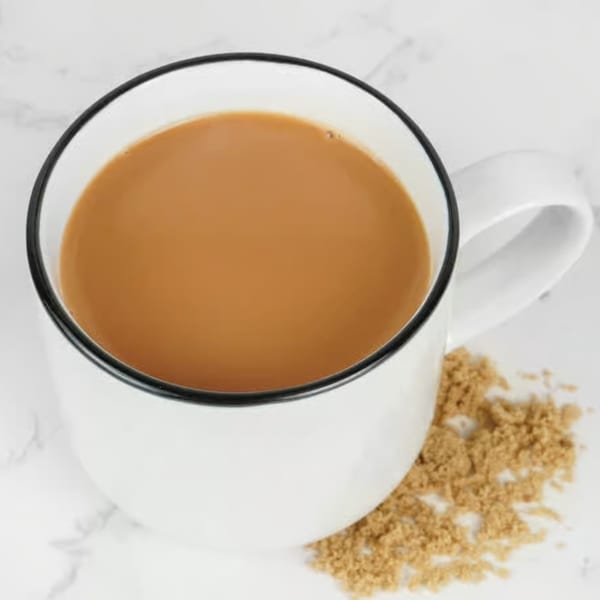 A white mug with a black rim filled with a light brown beverage, with brown sugar spilled beside it.
