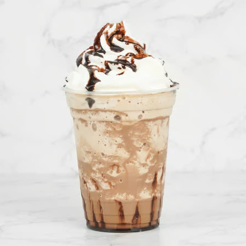 A chocolate mocha frappe with whipped cream and chocolate drizzle in a clear plastic cup.