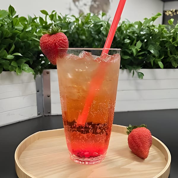 A strawberry drink with a red straw and a strawberry garnish, on a wooden tray.