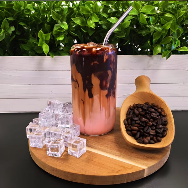 Vigo Coffee's iced strawberry mocha with coffee beans and ice cubes on a wooden board.