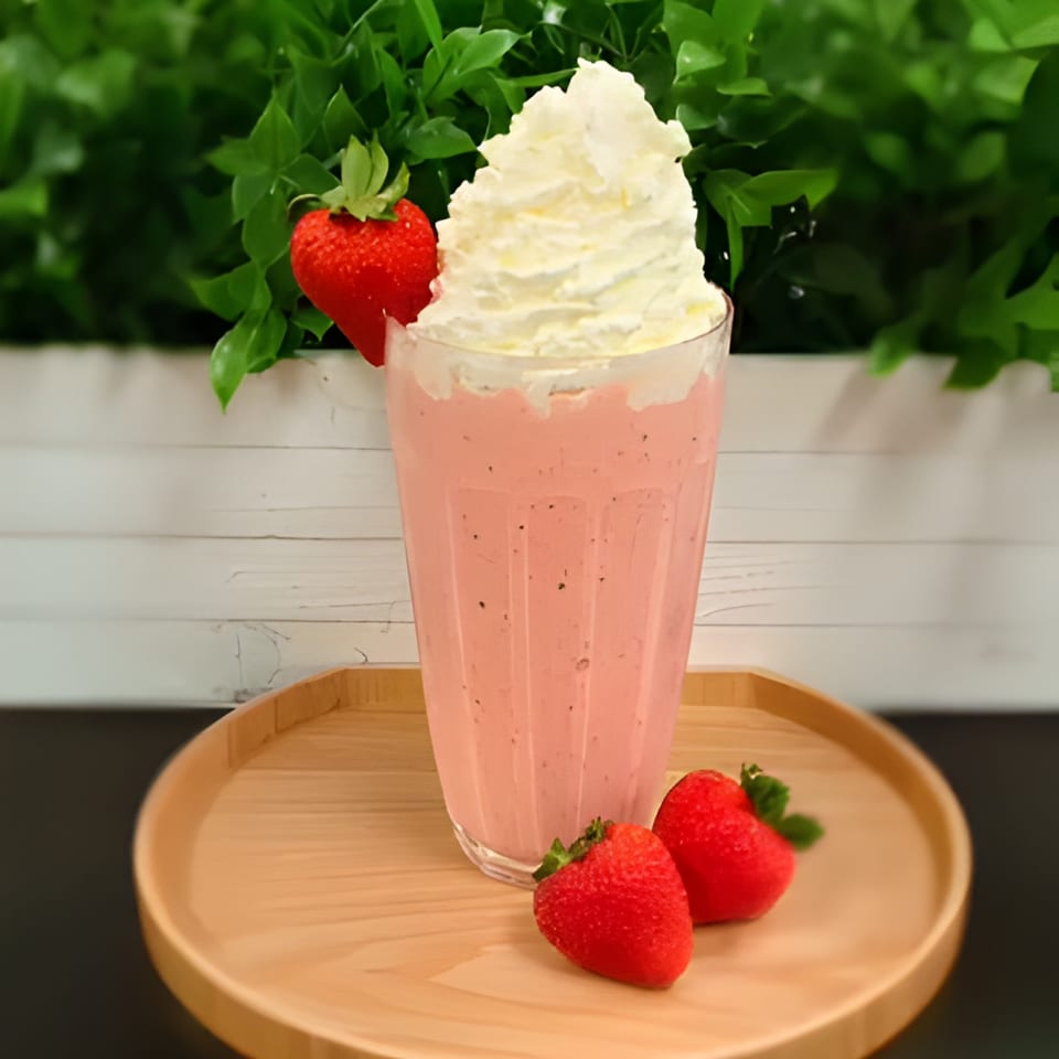 A pink strawberry smoothie with whipped cream and fresh strawberries on a wooden tray.